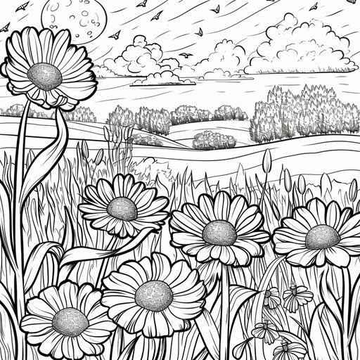 A peaceful meadow with simple, large flowers for easy coloring. Coloring book page
