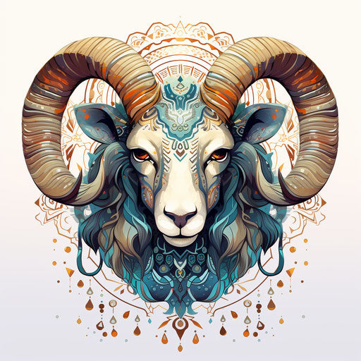 Goat head with geometric patterns and ornaments on the eyes