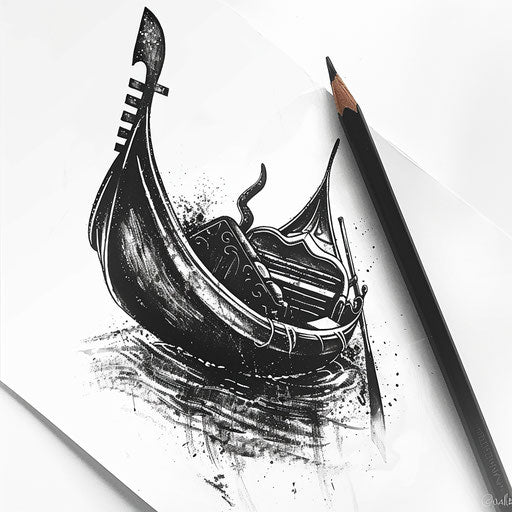 Illustration of a classic Italian gondola tattoo design on white background