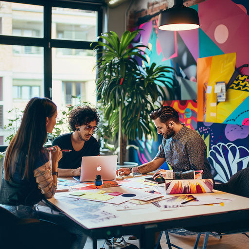 Marketing team crafting campaign in vibrant office
