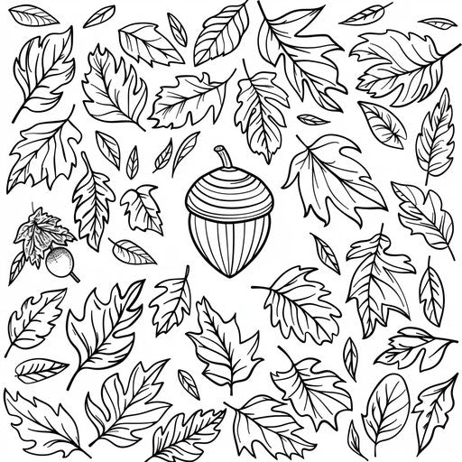 Bold silhouette of an acorn surrounded by falling autumn leaves