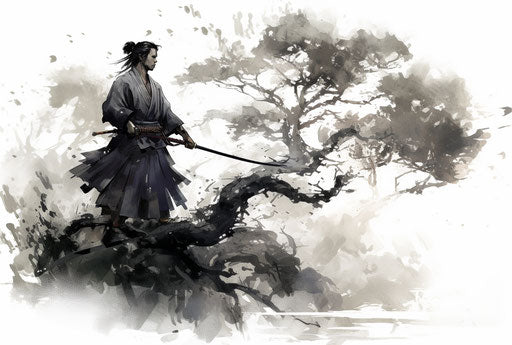 Yokozuna swordswoman and trees in white and gray, ink painter, fantasy