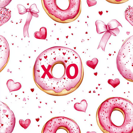 Pink doughnuts with red hearts and letters "XO" in watercolor pattern