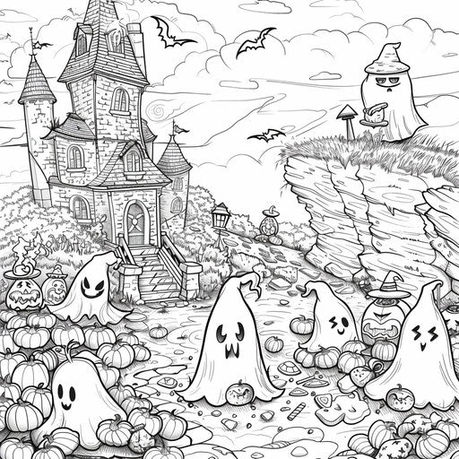 Ghosts and goblins gathering candy corn in a playful scene