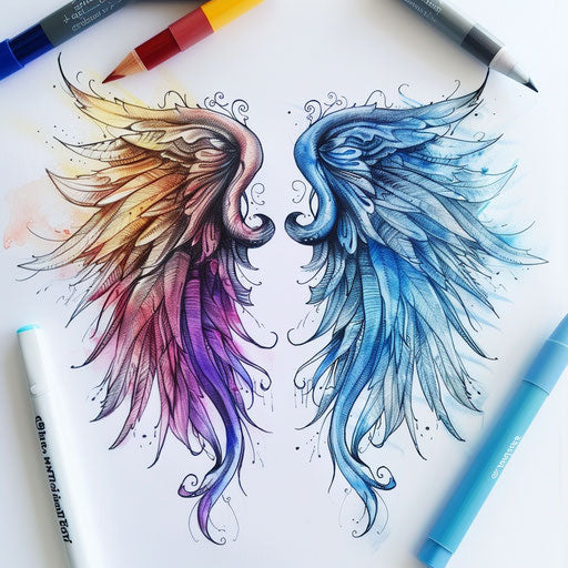 Fantasy elf wings tattoo drawing in magical colors