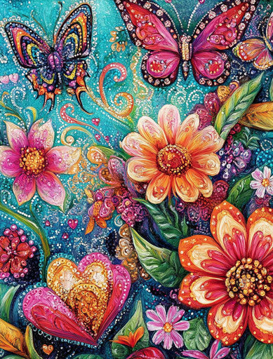 Colorful flowers, lace hearts, and butterflies, 3D diamond painting 29:38