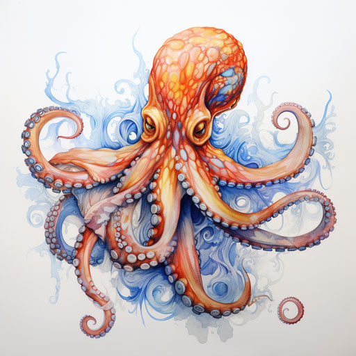 Colorful octopus with blue and yellow stripes on white background
