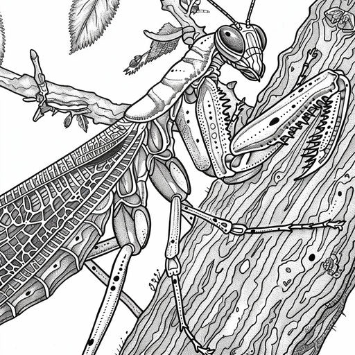 Praying mantis on branch with detailed textures