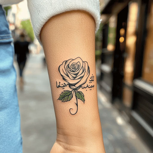 Arabic calligraphy tattoo within rose on wrist