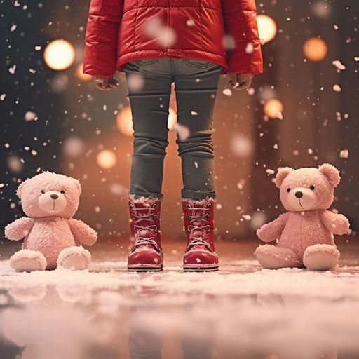 Teddy bear in red boots with a person in red jeans