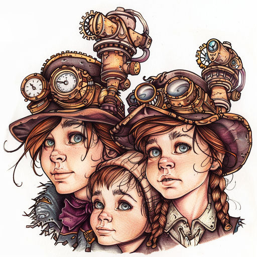 Flat tattoo design for three children in steampunk style