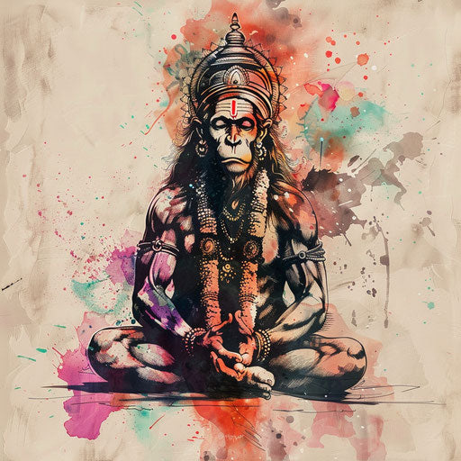 Elegant flat tattoo sketch with watercolor effects of Hanuman offering prayers