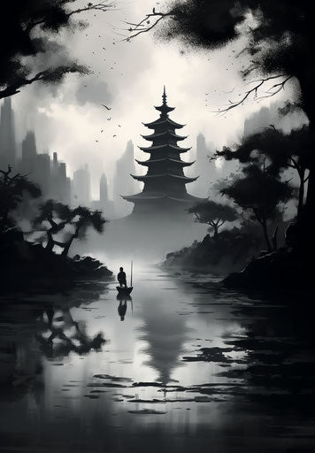 Paintings of pagodas and river scenery in black and white