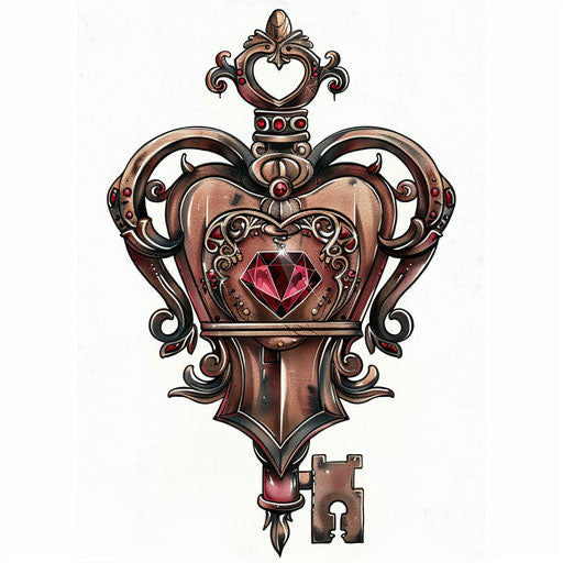 Rustic tattoo sketch of vintage lock and key with ruby centerpiece