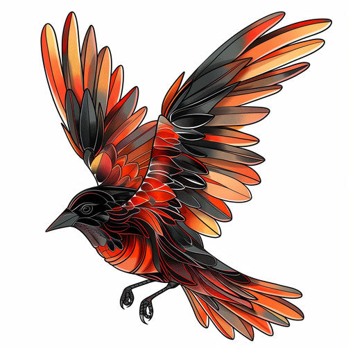 Flat tattoo sketch of a blackbird in flight