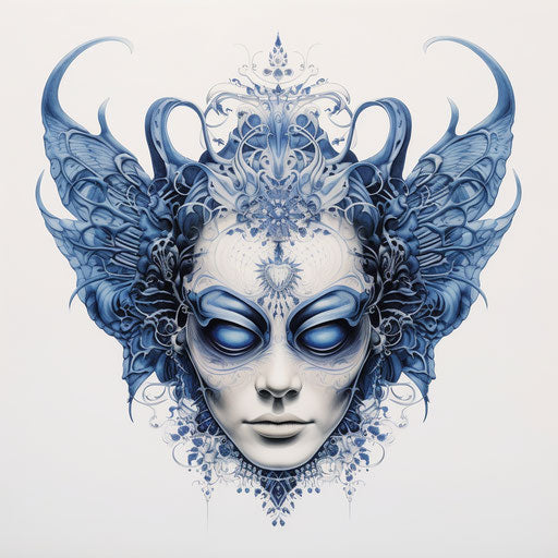 Blue face tattoo with wings and horns, unique yokai style