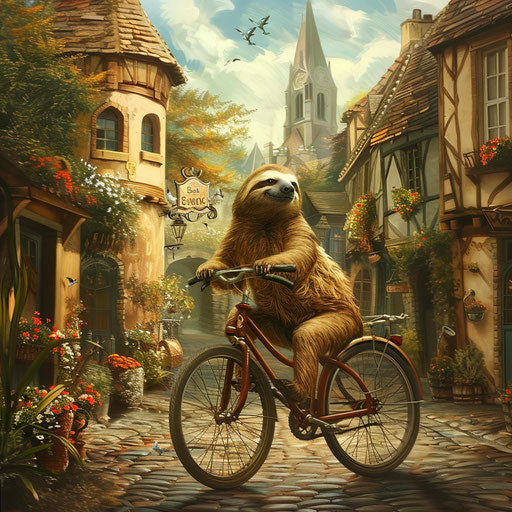 A sloth biking through old European town streets