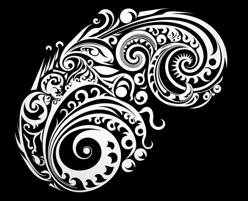 Maori tattoo symbols in black and white, figura serpentinata style