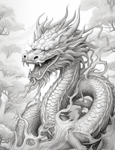 Chinese dragon in black and white style, detailed, historical