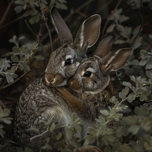 Intimate scene of a rabbit tenderly caring for its injured companion in a secluded thicket.