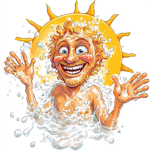 Humorous caricature of a washing hands caricature clipart with human characteristics, exaggerated full lips, thin arms, next to a smiling sun, vibrant colors, cartoon style, waving, high-resolution, no background, isolated -c 40