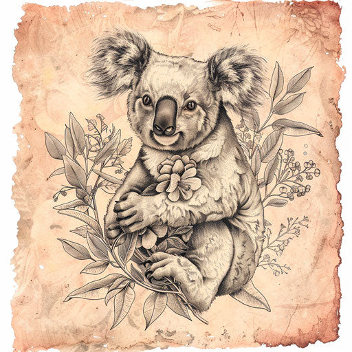 Vintage flat tattoo sketch of a koala with old-fashioned botanical illustrations