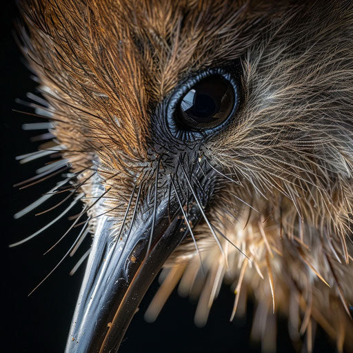 Close-up of a kiwi bird's beak and feathers