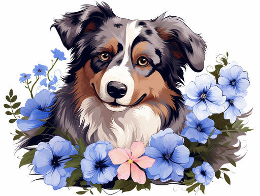 Australian shepherd dog ornaments with blue flowers