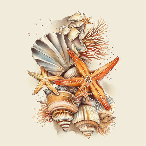 Seashells and starfish on the beach