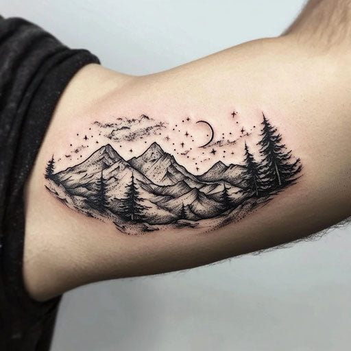 Mountain range and night sky tattoo on inner bicep