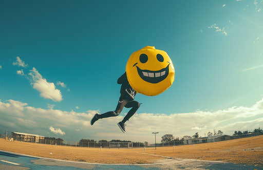 Competition with yellow smiley face mask and high jump