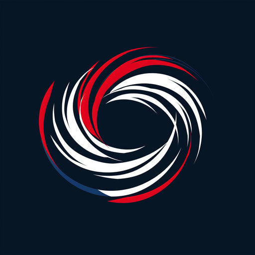 Sports company logo with dynamic lines and bold typography - red, white, blue