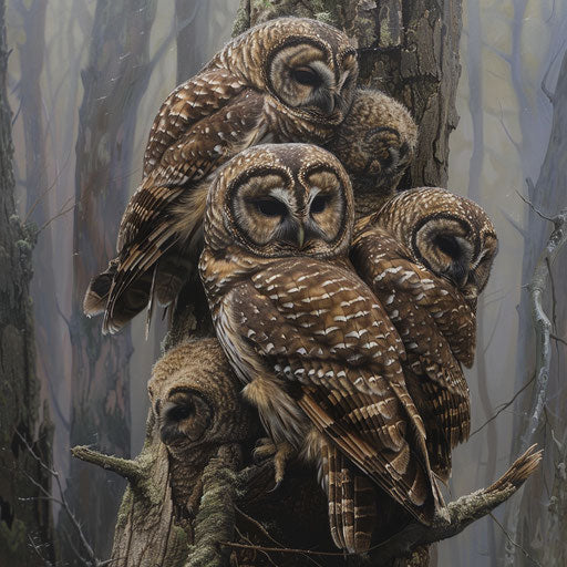 Family of northern spotted owls snuggling together for warmth on a cool, misty morning in their secluded woodland home.