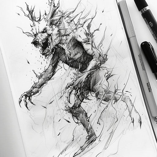 Dynamic flat tattoo sketch of a Wendigo running through a blizzard