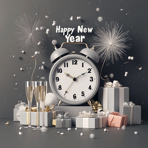 Alarm clock and New Year's gifts with champagne and fireworks