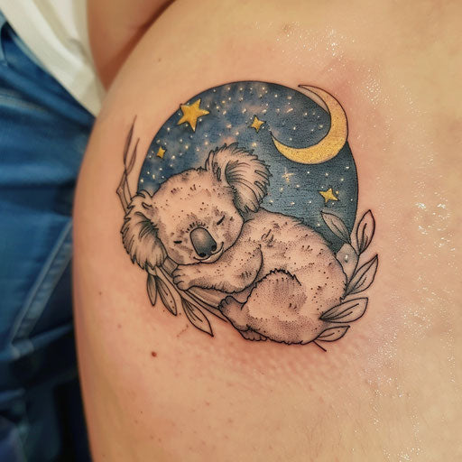 Soft and subtle flat tattoo sketch of a koala sleeping on a calm, starry night