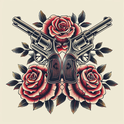 Traditional tattoo of crossed pistols and roses in black and red