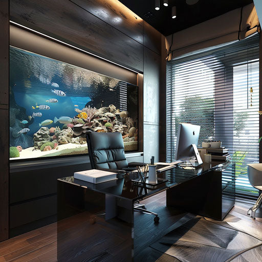 Home office with built-in aquarium wall