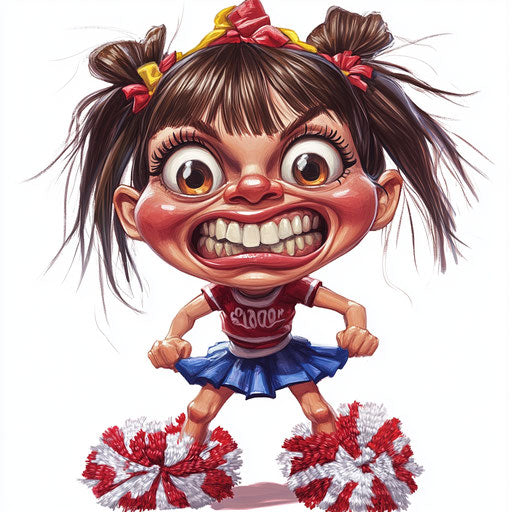Humorous caricature of a cheerleader with exaggerated human characteristics