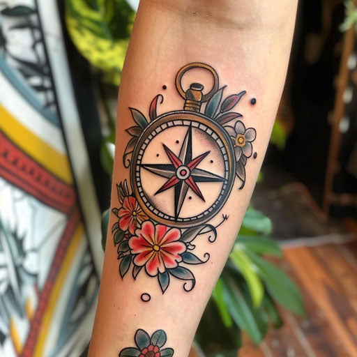 Neo-traditional compass with floral accents