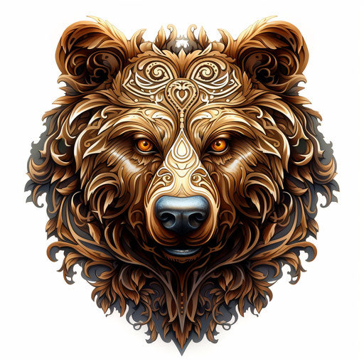 Brown tribal bear in detailed tattoo design