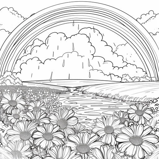 Rainbow over a field of flowers in the rain