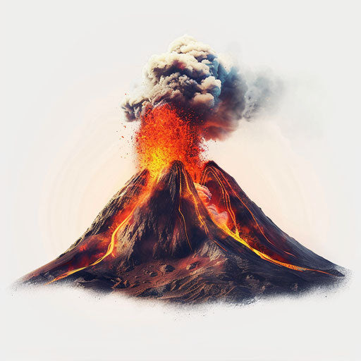 Realistic volcano illustration on flat white background, vibrant colors