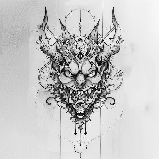 Stylish flat tattoo sketch of a Japanese demon with elegant art deco lines