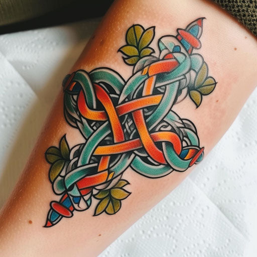 Neo-traditional Celtic knot tattoo with vibrant colors
