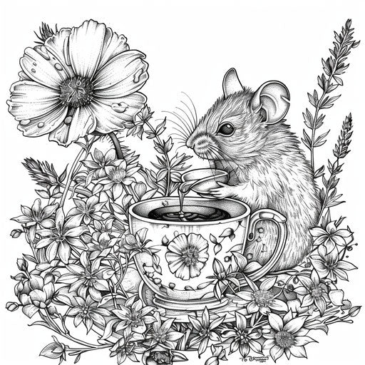A mouse enjoying tea in a flower cup