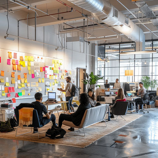 Lively startup office with ideas on whiteboards