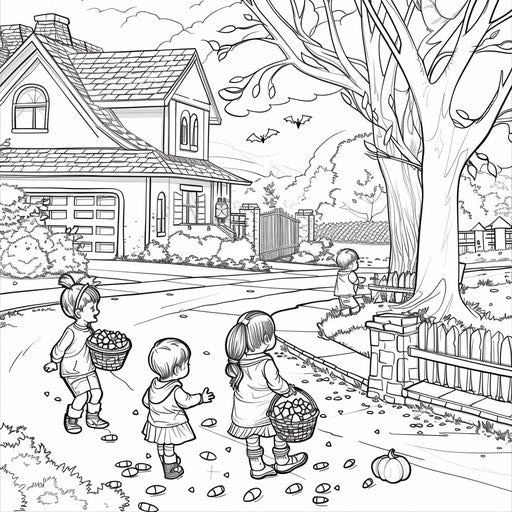 Children collecting candy in treat baskets