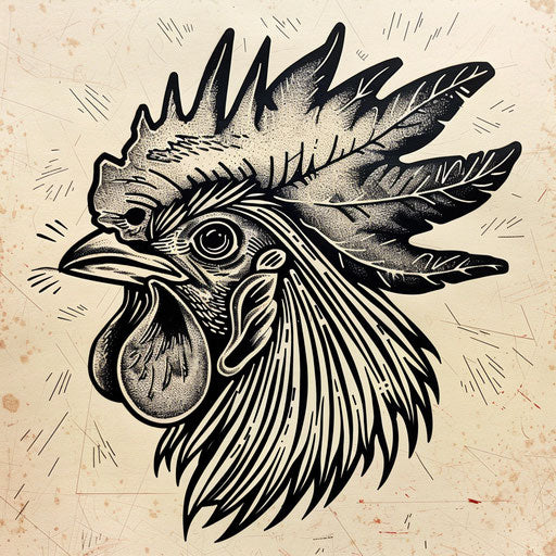 Woodcut style rooster tattoo