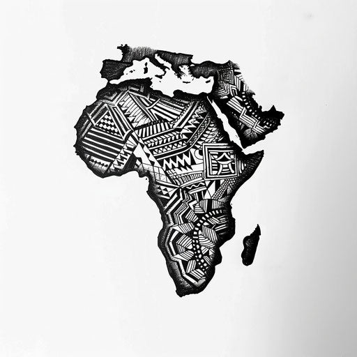 Bold African continent tattoo with traditional patterns on white